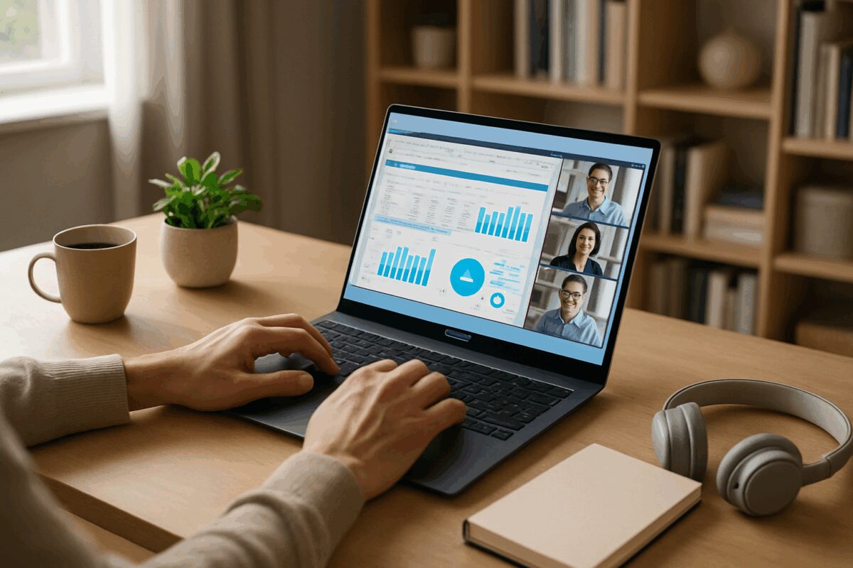 Profissional trabalhando em home office moderno com melhor notebook i5 com SSD, ambiente produtivo e confortável para trabalho remoto