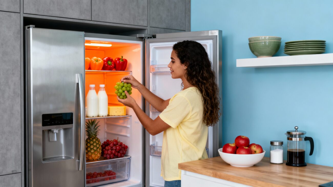 Geladeira frost free moderna com interior iluminado e alimentos organizados