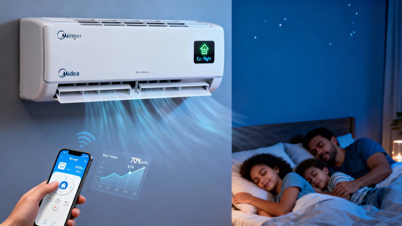 Springer Midea Airvolution Connect em EcoNoite, app Wi-Fi no smartphone controlando ar-condicionado inverter, família dormindo em quarto fresco, gráfico de economia kWh 70%, ilustrando economia energia ar-condicionado noturna