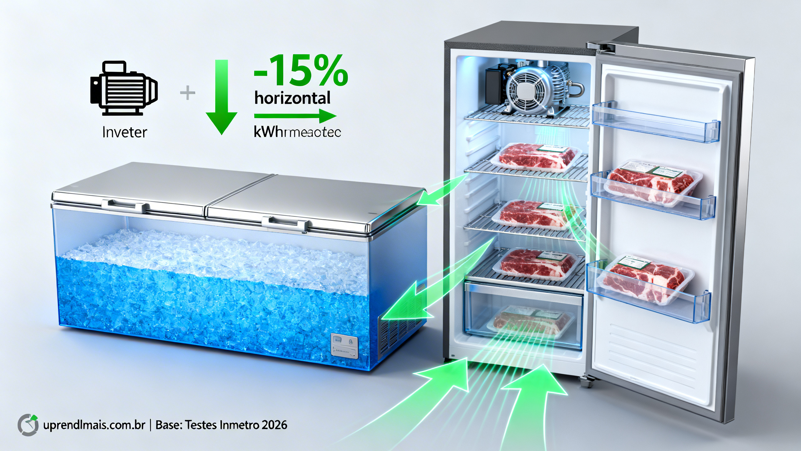 Diagrama corte ar frio retido fundo freezer horizontal vs escape porta vertical carnes embaladas, 15% menos consumo Inverter Procel.