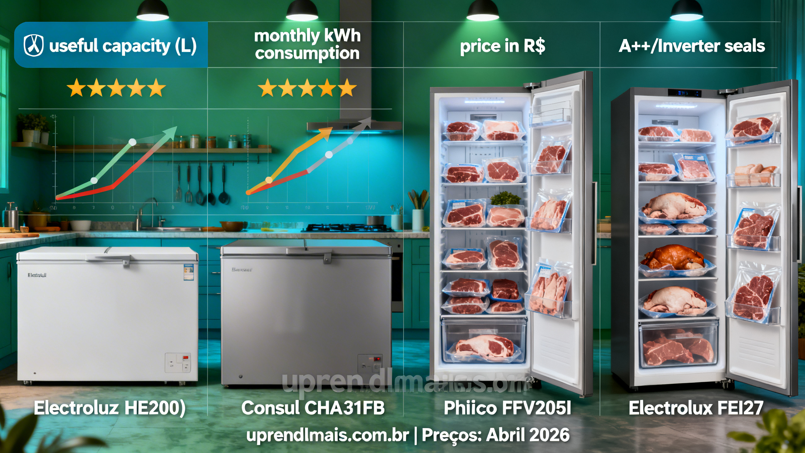 Infográfico Electrolux HE200 35kWh horizontal vs Philco PFV205I 38kWh vertical carnes embaladas, listando melhores modelos freezer com custo-benefício 2026.