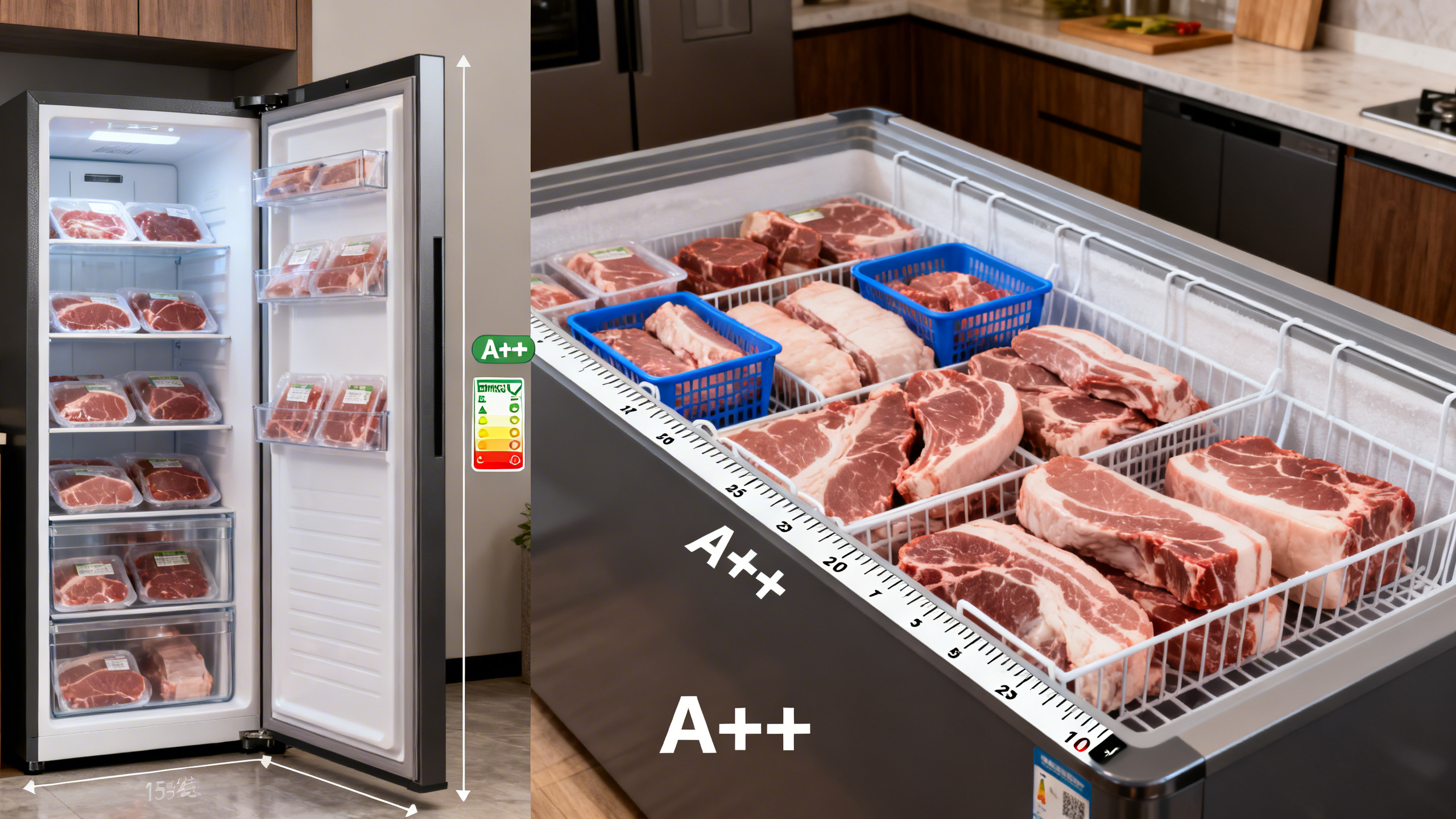 Comparação visual entre freezer vertical e horizontal para carnes embaladas, destacando organização e eficiência energética.